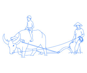  Asian farmer working with his buffalo