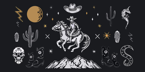 Whimsical western cowboy riding horse surrounded by desert elements and symbols