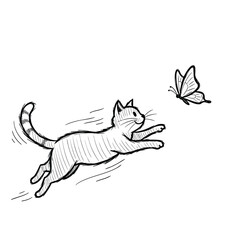 A handdrawn black and white sketch of a playful striped cat leaping to catch a butterfly.
