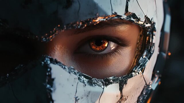 Close-up of a cracked mask revealing a human eye
