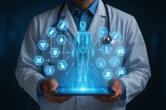 AI generated futuristic medical scene doctor in white coat with stethoscope holding tablet projecting glowing holographic human body digital hexagon icons symbolizing healthcare innovation analysis - Powered by Adobe