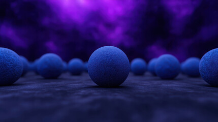 Blue spheres in an abstract cosmic landscape with purple background, highlighting shapes and textures in a surreal and captivating environment