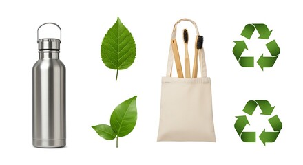 Eco-Friendly Essentials Sustainable Living with Reusable Water Bottle, Leaves, and Tote Bag