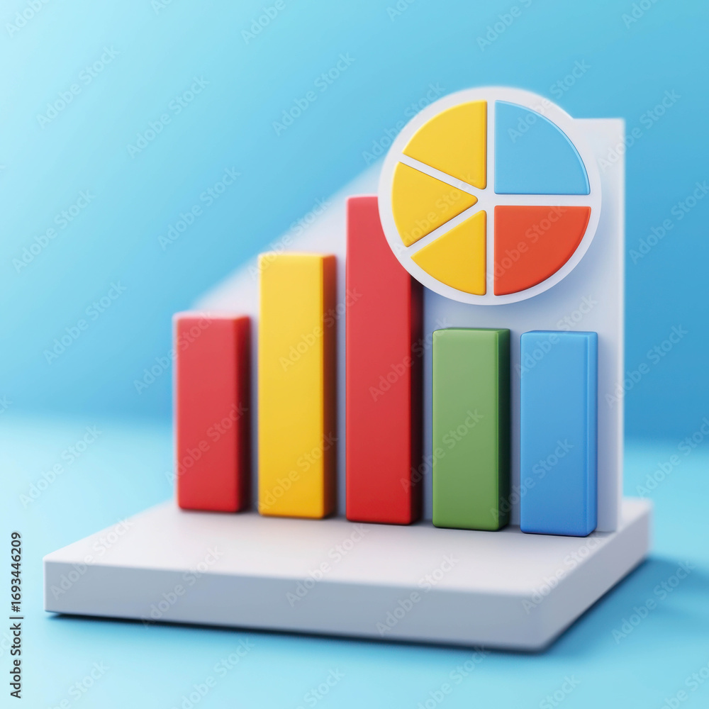 Poster Colorful Three-Dimensional Bar Graph with Pie Chart on Light Blue Background for Business Analysis and Financial Growth Presentation