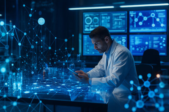 AI generated image of a scientist in a futuristic laboratory surrounded by glowing holograms digital data and molecular graphics symbolizing advanced medical and scientific research