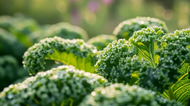 Fresh green kale with curly edges glistens in the sun. Veins visible on leaves