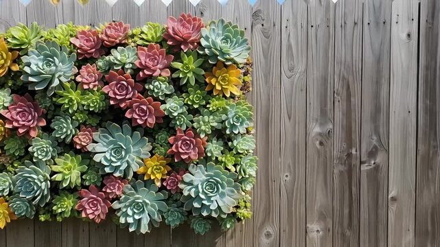 Rectangular wall of succulents with colorful rosettes and a wooden picket fence