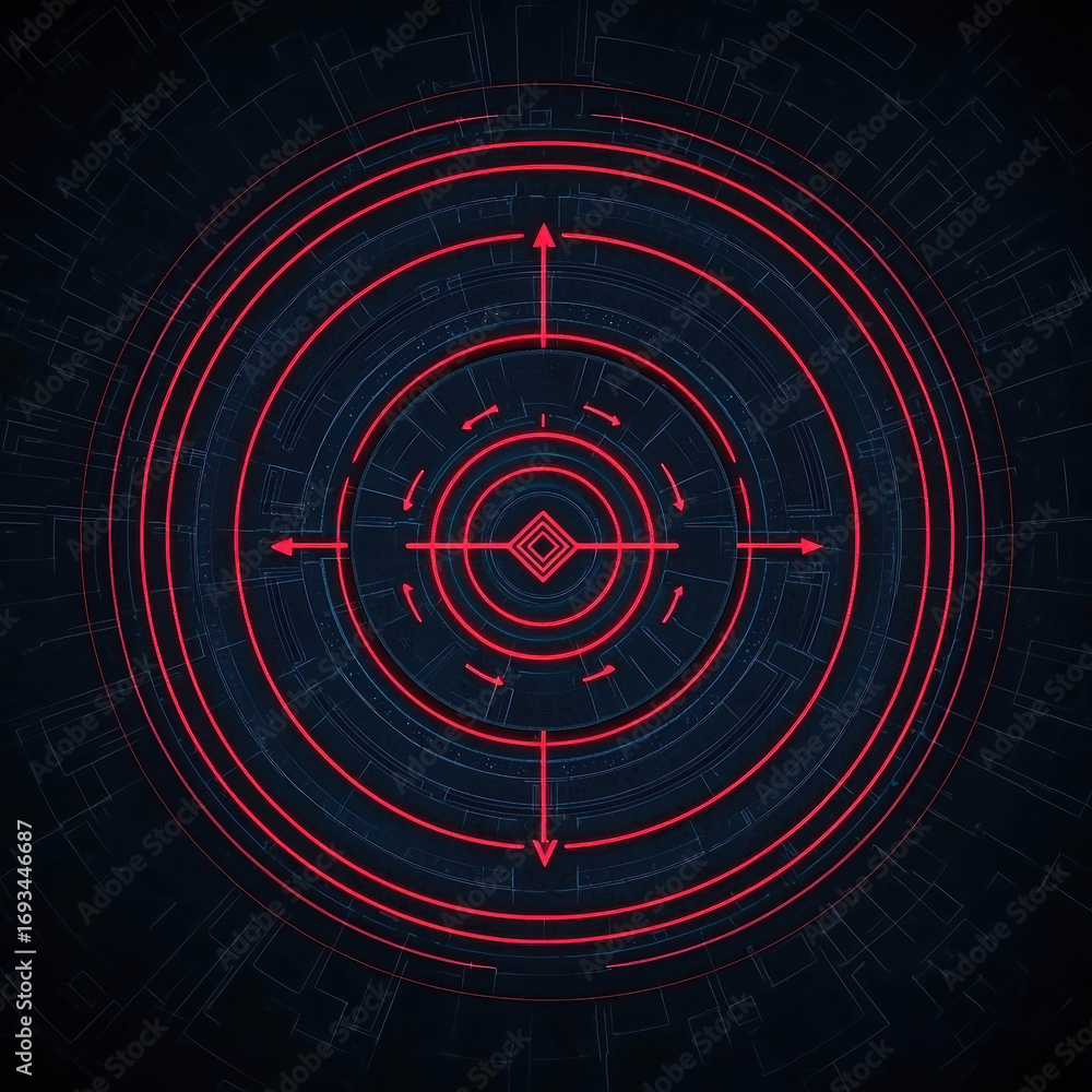 Aufkleber abstract geometric pattern with concentric circles and arrows in red on dark background conveying te