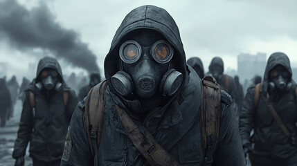 Dark Gloomy Scene with Figures Wearing Gas Masks in Urban Setting, Atmosphere of Dystopia and Survival, Smoke Rising from Background, Modern Apocalypse