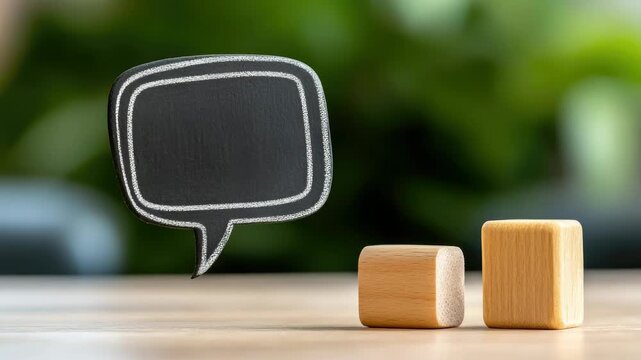 Black speech bubble and two wooden blocks on table