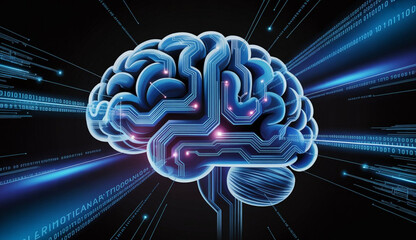 Abstract futuristic illustration of a glowing digital brain formed by blue circuit networks, surrounded by flowing binary code and light trails. High-contrast, minimal design symbolizing artificial in