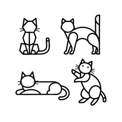 A set of four minimalist cat illustrations in various poses featuring simple black line art and geometric shapes.