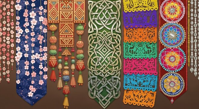 Vibrant cultural decorations showcase diverse festive patterns and detailed artisanal craftsmanship