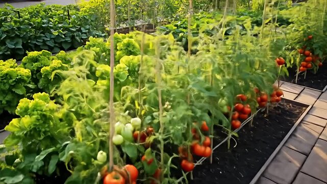 Garden rows with ripe tomatoes, lettuce, and basil along brick pathway