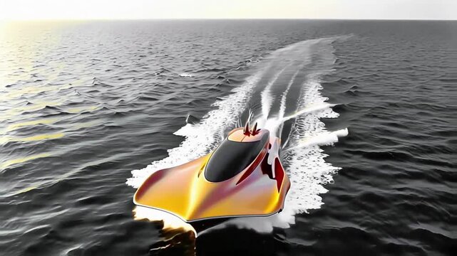 A futuristic design of a speedboat in motion on calm waters. The boat has a sleek, aerodynamic shape with vibrant colors, including orange, yellow, and white``