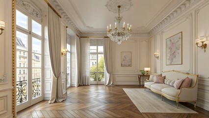 Fototapeta premium Elegant parisian hallway with ornate molding large windows and luxurious antique furniture bathed in soft light
