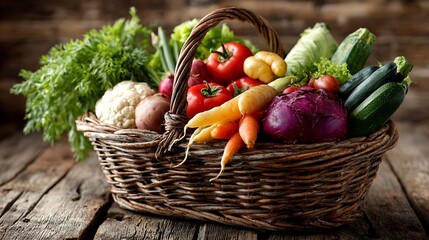 A rustic wicker basket filled with a colorful assortment of fresh vegetables on a wooden surface top