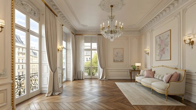 Elegant parisian hallway with ornate molding large windows and luxurious antique furniture bathed in soft light