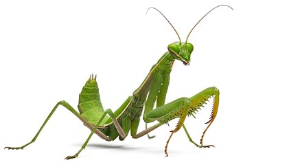 Praying Mantis Portrait: Striking Green Insect with Intricate Details on a Clean White Background