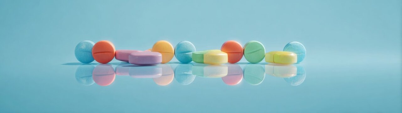 Symphony of medication: a visual display of health aids. Scifi poster. Enhanced details of vibrant medicine on a soft blue background. Movie artwork. Action poster.