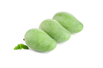 Fresh Green Hainan Mangoes with Mint Leaves on White Background - Raw Tropical Fruit