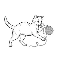 Black and white line art illustration of a playful kitten batting a ball of yarn.
