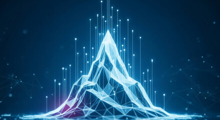 Geometric digital mountain peak with ascending data streams, symbolizing technological innovation, future progress, and the expansive landscape of information.