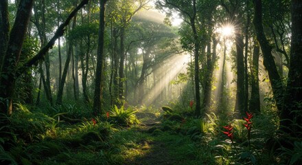 Fototapeta premium Enchanting Forest Path Bathed in Golden Sunlight Rays