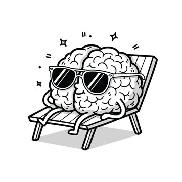 Cool cartoon brain character with sunglasses relaxing on a wooden lounge chair.