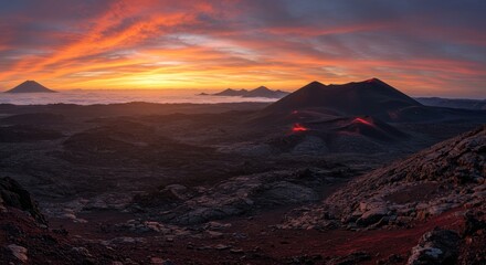 Fototapeta premium Fiery Sunset Over Volcanic Landscape with Lava Flow