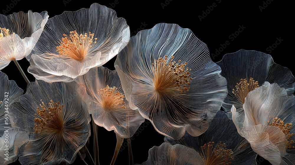 Poster an ethereal arrangement showcases translucent flowers with intricate patterns and delicate designs.