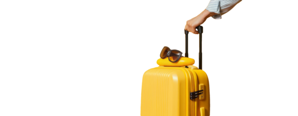 yellow suitcase with sunglasses, on white background