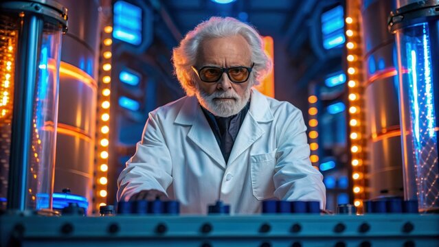 Iot security in medicine lab scene vivid neon scientist focus laboratory scientist lab coat white hair glasses neon cyber device