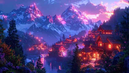 Fototapeta premium A picturesque mountain village, bathed in the glow of vibrant, warm lighting, nestled amongst snowy peaks and a tranquil lake.