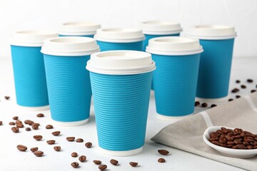 Blue disposable cups for coffee and tea on white background