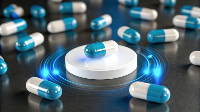 IoT security in medicine capsule blue white antibiotic on pedestal glowing ring futuristic healthcare concept clean sterile clinical vibe - Powered by Adobe