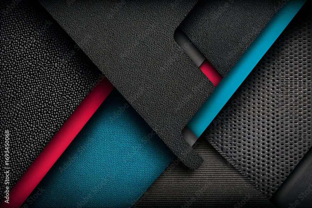 Poster abstract layers of textured surfaces in black blue and red color scheme