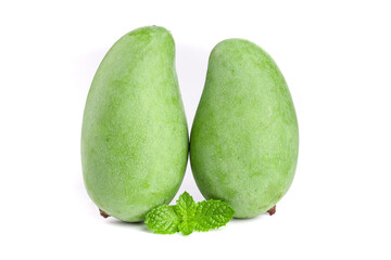 Fresh Green Raw Mangoes with Mint Leaves Isolated on White Background