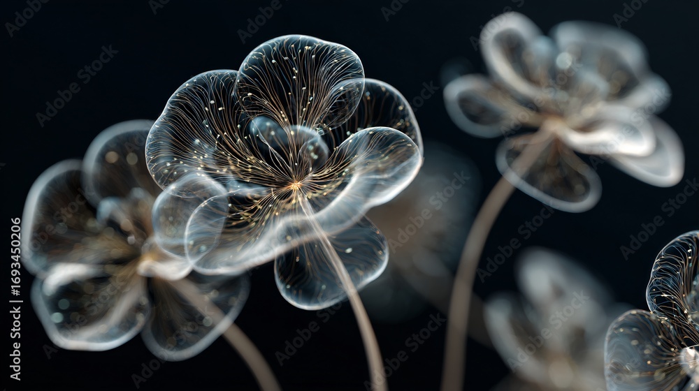 Poster macro image displays translucent flowers with intricate patterns against a dark backdrop.