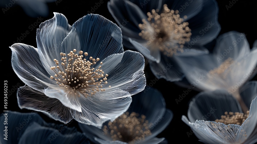 Poster ethereal translucent flowers bloom against a dark void, capturing delicate details and texture.