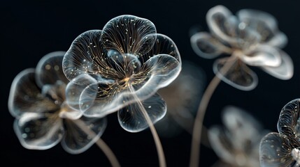 Macro image displays translucent flowers with intricate patterns against a dark backdrop.