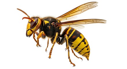 Detailed Close-up of a Flying Hornet with Visible Wings and Body Segments