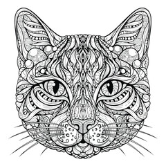 Intricate zentangle cat head illustration with detailed ornamental patterns for coloring.
