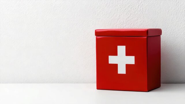 Red first aid kit with white cross on shelf