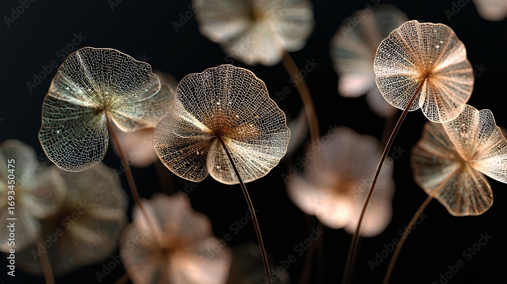 Poster elegant close-up captures the delicate structure of translucent flowers in shallow focus.
