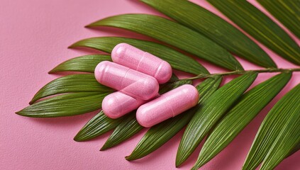 Fototapeta premium Pink Pills on Green Leaf