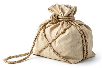 Full canvas bag tied with rope and isolated on a white background