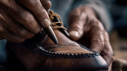 closeup of shoemaker hands repairing leather shoe with stitching tool