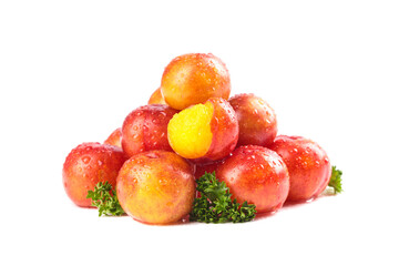 Fresh Red Plums with Water Droplets on White Background
