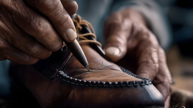 closeup of shoemaker hands repairing leather shoe with stitching tool